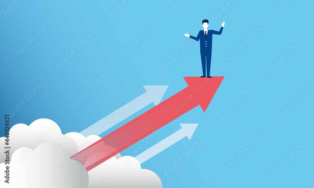 Fototapeta premium 雲から伸びる矢印に立つビジネスマン、青背景、ベクター