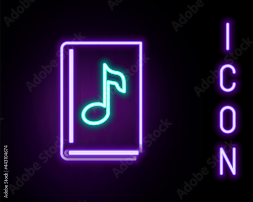 Glowing neon line Audio book icon isolated on black background. Musical note with book. Audio guide sign. Online learning concept. Colorful outline concept. Vector