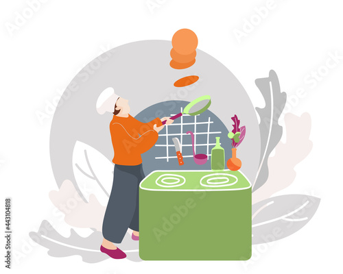 vector illustration. Chef prepares food by the stove. Suitable for flyers, advertisements, social media posts.