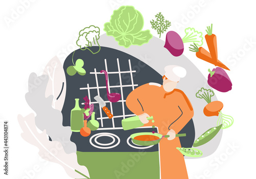 vector illustration. Chef prepares delicious healthy food by the stove. Suitable for flyers, advertisements, social media posts.