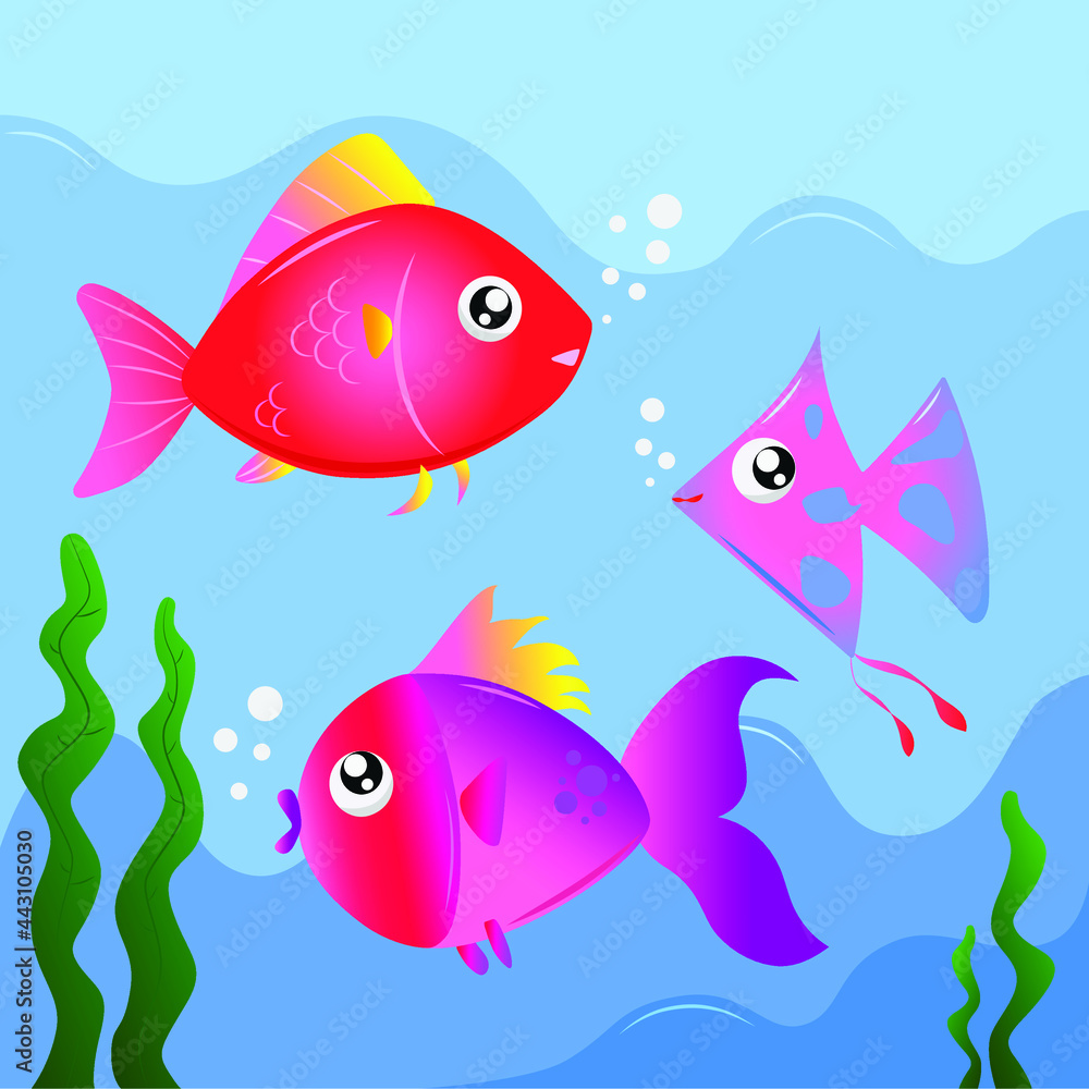 Naklejka premium funny cute fish cartoon in the water with gradient colors