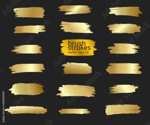 Gold paint brush. Vector golden hand painted smear stroke stain. Abstract art background. Collection of golden paint strokes. illustration - Vector