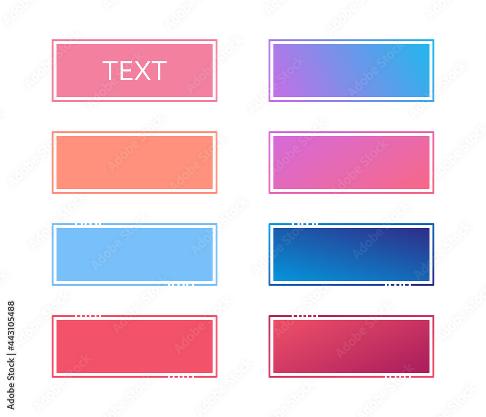 Set of colorful buttons. Rectangle area for writing. One color and gradient buttons with outer border. Space for text. Vector illustration.
