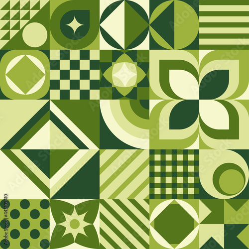 seamless geometric pattern of squares, circles and triangles in green colors