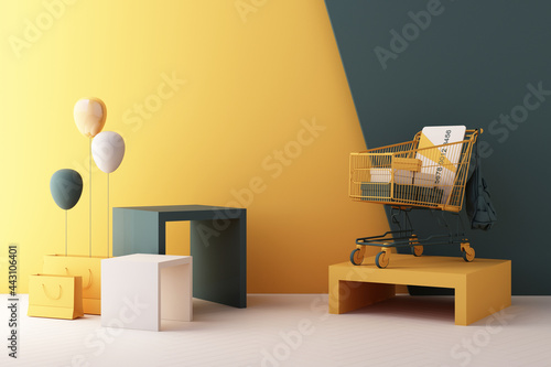 Supermarket shopping cart surrounding by giftbox and geometric shape on green and yellow background. 3d rendering © Jokiewalker
