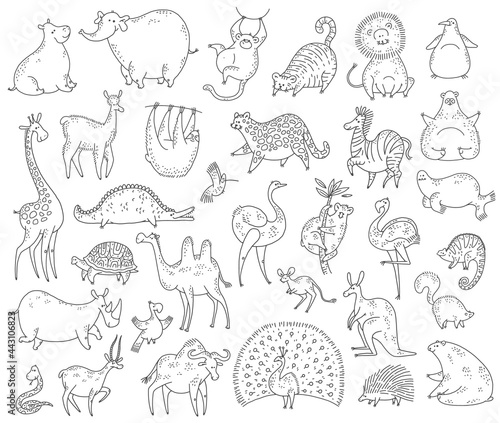 Cute set animals. Vector black white cartoon doodle characters illustration.