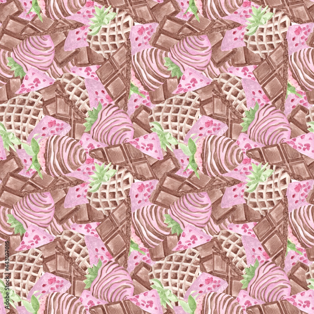 Solid seamless pattern of watercolor illustrations, chocolate bars and chocolate-covered strawberries