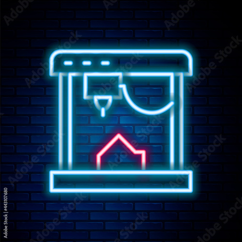 Glowing neon line 3D printer icon isolated on brick wall background. Colorful outline concept. Vector