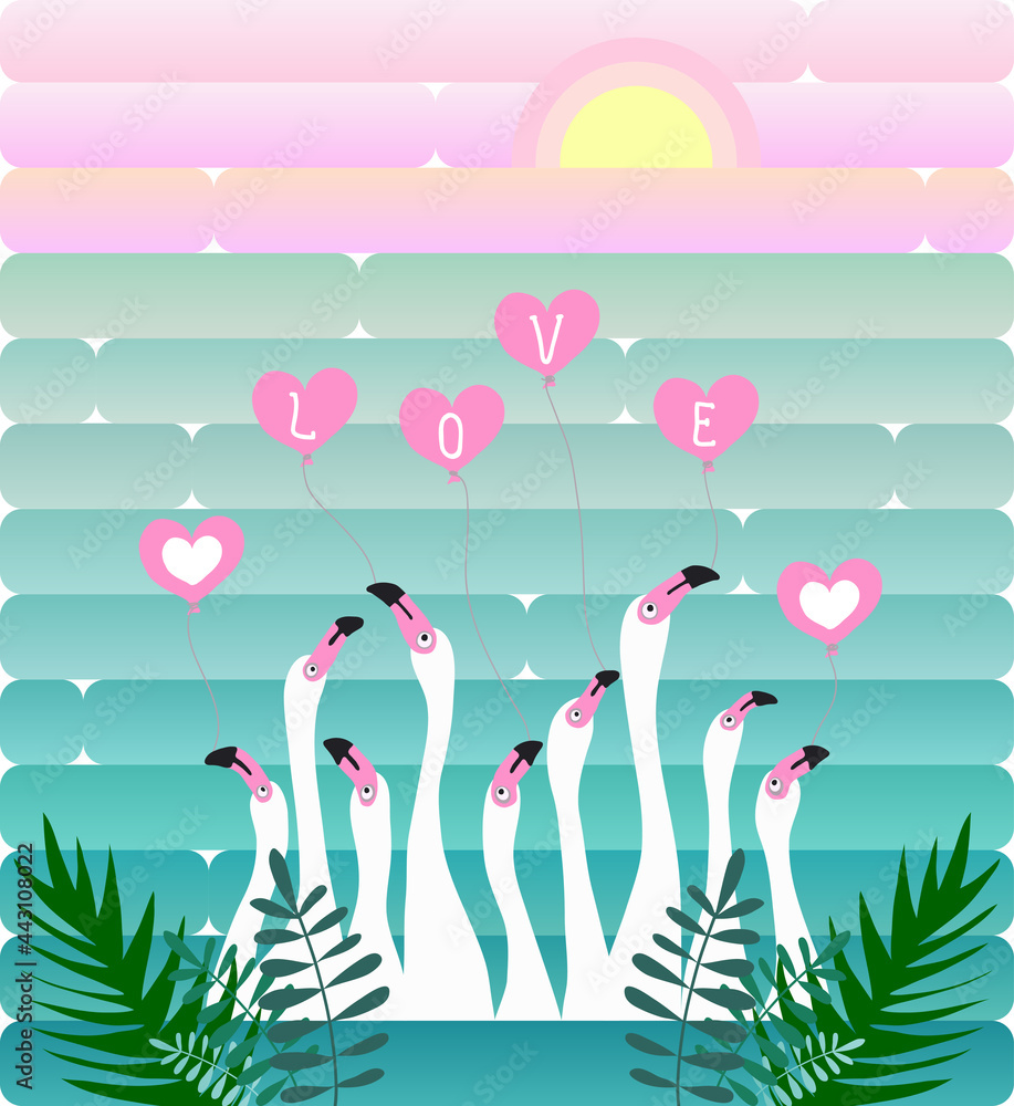 White flamingos on the background of the lake and sunrise, tropical leaves, landscape. Love and hearts. Vector illustration in cartoon style.