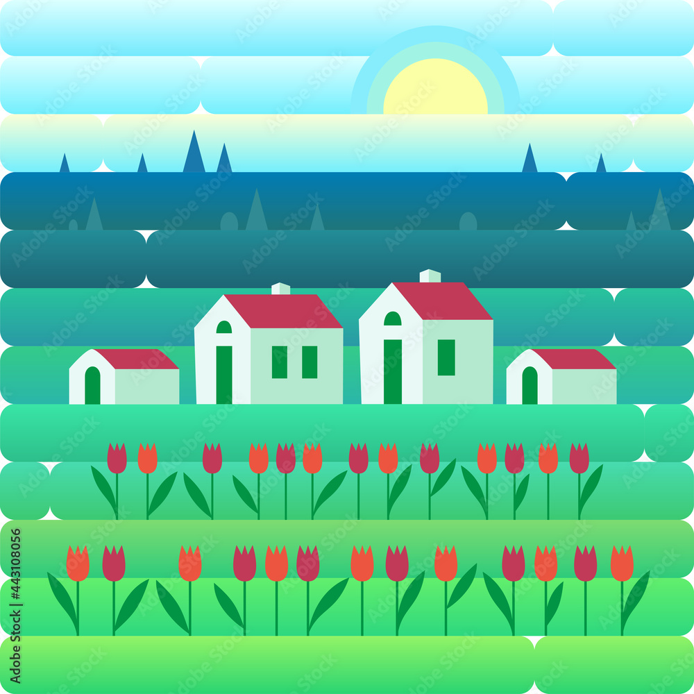 Countryside landscape in nature with flowers and blue sky. Vector illustration in flat and gradient style.