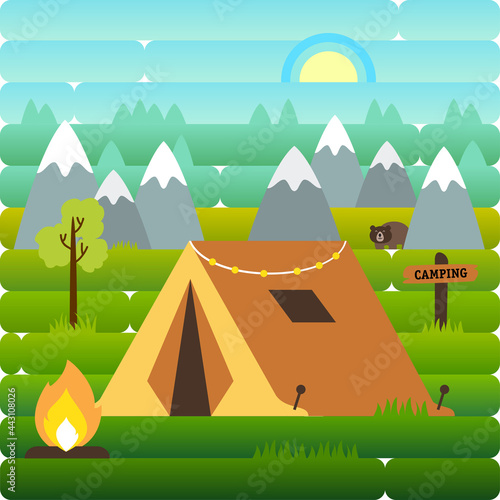 Sunny day landscape illustration in flat style with tent, campfire, mountains, forest  and mountains. Background for summer camp, nature tourism, camping or hiking design concept.
