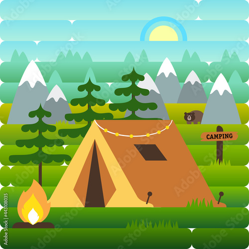 Sunny day landscape illustration in flat style with tent, campfire, mountains, forest  and mountains. Background for summer camp, nature tourism, camping or hiking design concept.
