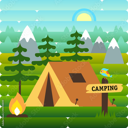 Sunny day landscape illustration in flat style with tent, campfire, mountains, trees and mountains. Background for summer camp, nature tourism, camping or hiking design concept.