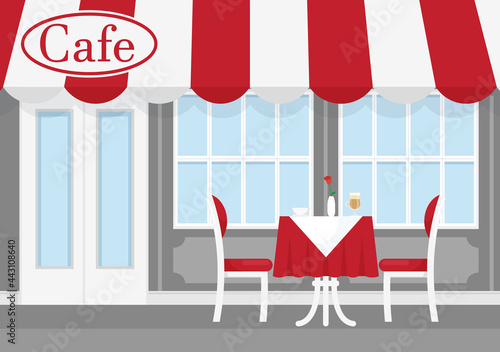 Vector illustration of street cafe with red and white striped awning, with table, chairs, and coffee. Cafe of restaurant exterior in flat cartoon style