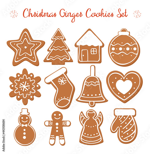 Vector illustration set of Christmas Gingerbread set with white decorative glaze. Ginger cookies in Christmas style isolated on white background in flat cartoon style