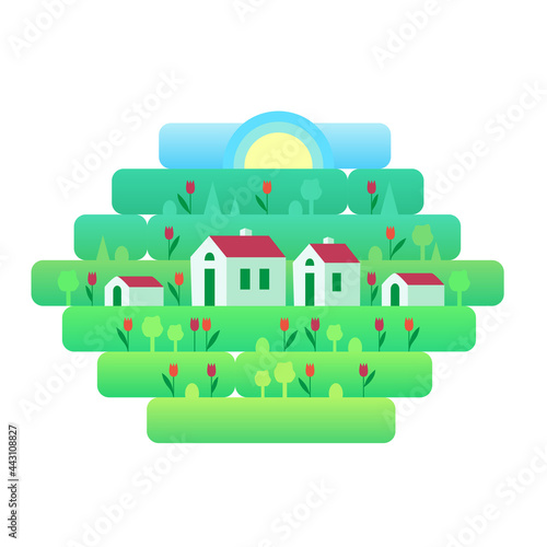 Element a sammer or spring day landscape with small houses and red tulips  against a background of grass  nature  hills. Vector illustration in flat style for design  games or web sites.