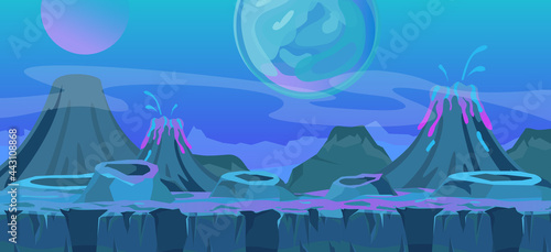 Vector illustration of beautiful alien fantastic landscape. Cool another world background for game design, alien planet in blue colors in flat cartoon style