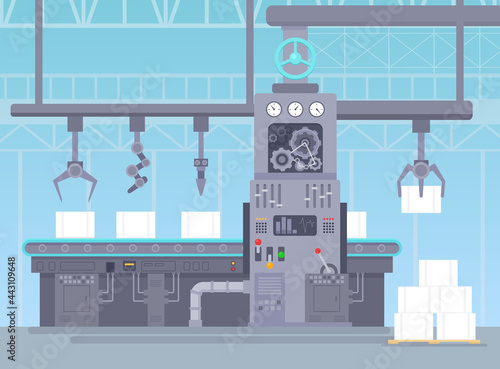 Vector illustration of conveyor in manufacturing warehouse. Factory industrial concept. Conveyor production and packing a packages on belt line in flat cartoon style