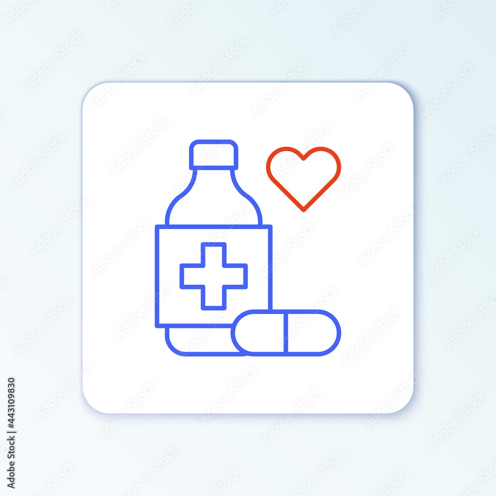 Line Medicine bottle and pills icon isolated on white background. Bottle pill sign. Pharmacy design. Colorful outline concept. Vector Line Medicine bottle and pills icon isolated on white background. Bottle pill sign. Pharmacy design. Colorful outline concept. Vector