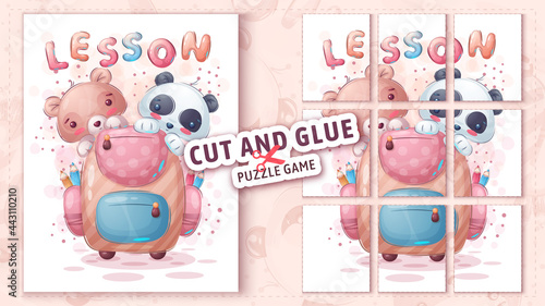 Pig and panda with brief case, cut and glue - puzzle game.