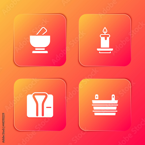 Set Mortar and pestle, Aroma candle, Bathrobe and Sauna bucket icon. Vector