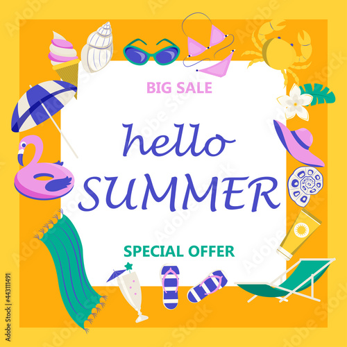 Promo web banner template for summer sale. lettering and cute cartoon elements. Vector illustration