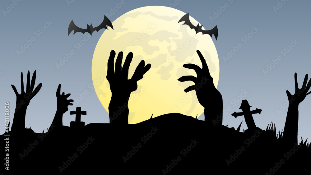 hands of zombies emerging from earth and bats and moons in halloween day , Illustration Vector EPS 10