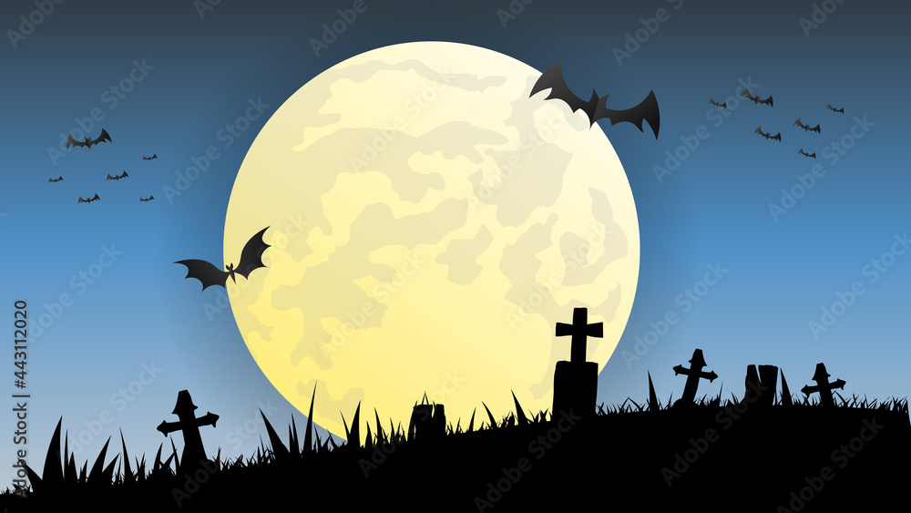 Bats and moon in forest cemetery at night happy halloween on orange background, vector illustration EPS 10