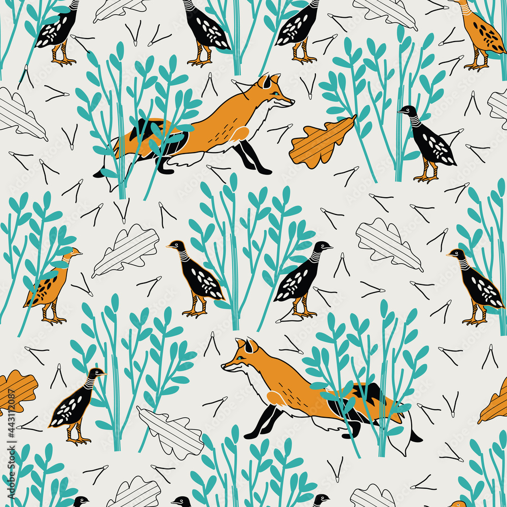 pattern with corn crake and fox pattern with corn crake and fox