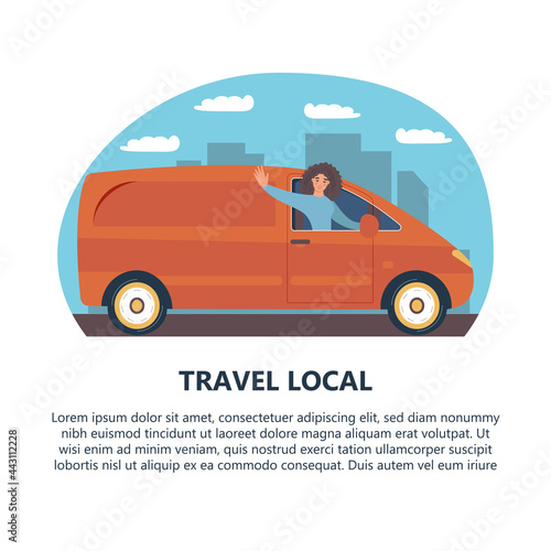 Happy girl drives a car. Active holidays or Domestic tourism concept. Time to travel, сartoon vector illustration
