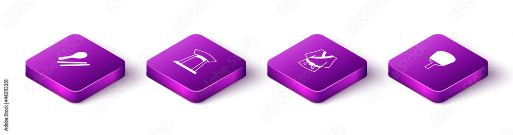 Set Isometric Food chopsticks, Korean gate, Kimono and hand fan icon. Vector Set Isometric Food chopsticks, Korean gate, Kimono and hand fan icon. Vector