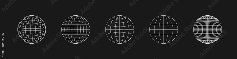 Cyber retrofuturistic planet shapes. Trendy cyberpunk elements. Set of circle geometry for poster, cover, merch in retrowave style. Old cyberpunk concept. Vector - obrazy, fototapety, plakaty 