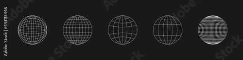 Cyber retrofuturistic planet shapes. Trendy cyberpunk elements. Set of circle geometry for poster, cover, merch in retrowave style. Old cyberpunk concept. Vector