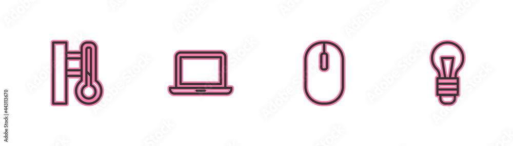 Set line Meteorology thermometer, Computer mouse, Laptop and Light bulb icon. Vector Set line Meteorology thermometer, Computer mouse, Laptop and Light bulb icon. Vector