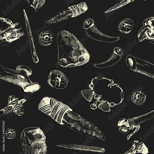 Set of objects kitchenware of the Stone Age life. Set of sketches. Archaeological finds kitchenware