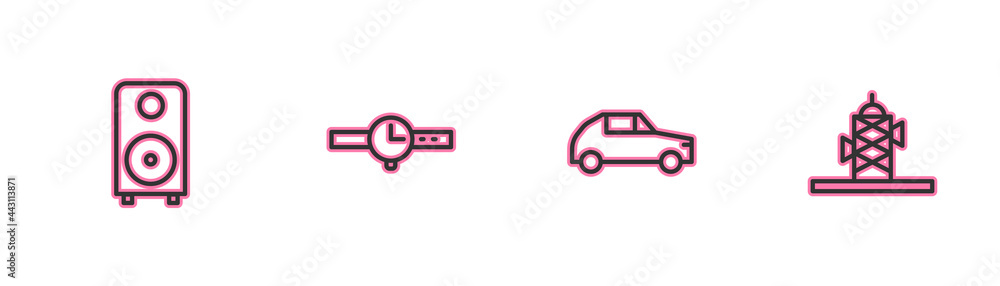 Set line Stereo speaker, Car, Wrist watch and Antenna icon. Vector Set line Stereo speaker, Car, Wrist watch and Antenna icon. Vector