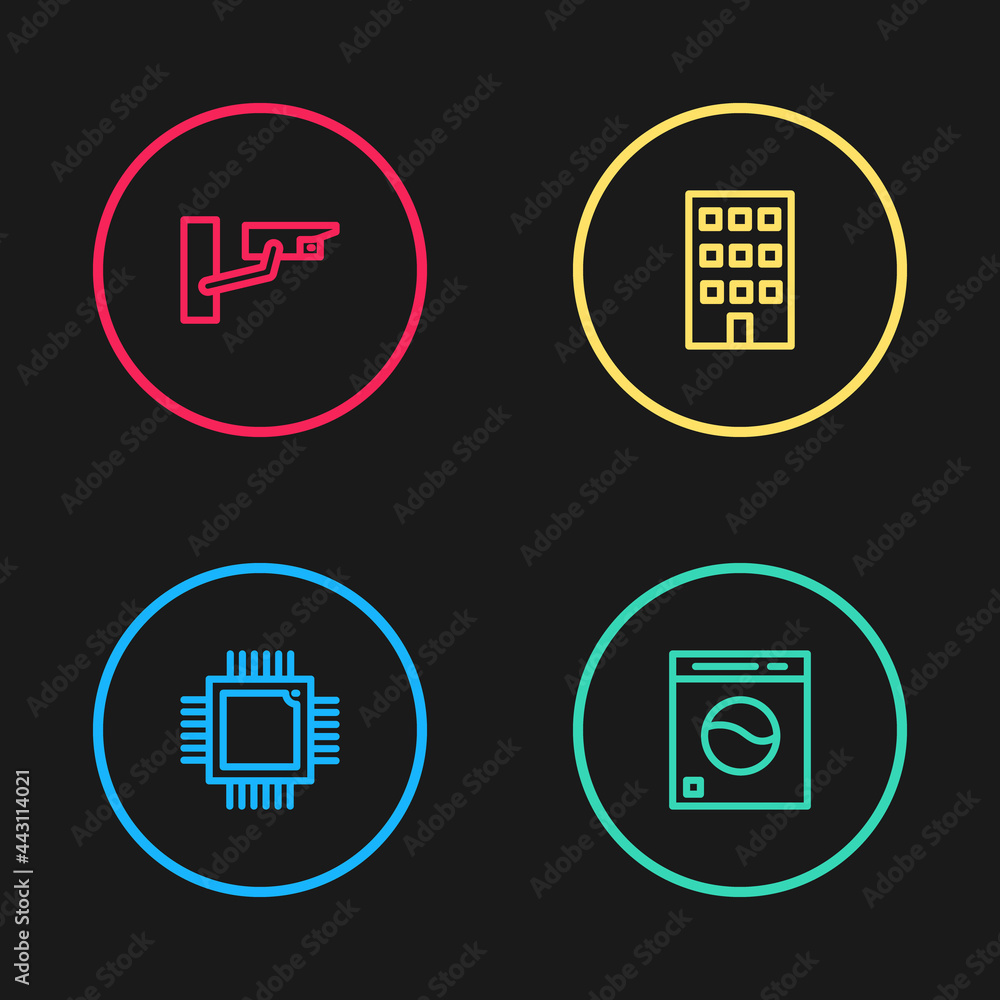 Set line Processor with microcircuits CPU, Washer, House and Security camera icon. Vector Set line Processor with microcircuits CPU, Washer, House and Security camera icon. Vector
