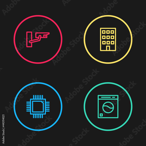 Set line Processor with microcircuits CPU, Washer, House and Security camera icon. Vector