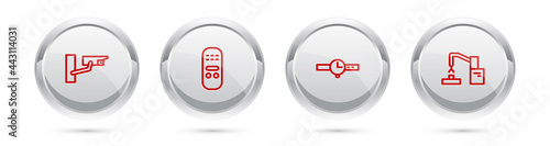 Set line Security camera, Remote control, Wrist watch and Robotic robot arm hand factory. Silver circle button. Vector