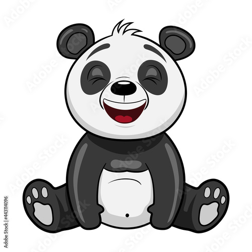 A cute little panda sits and laughs. Vector illustration in cartoon style. Sticker.