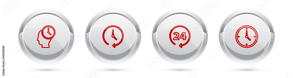 Fototapeta premium Set line Time Management, Clock, 24 hours and . Silver circle button. Vector