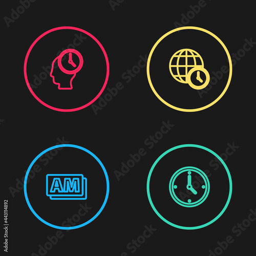 Set line Clock AM, , World time and Time Management icon. Vector