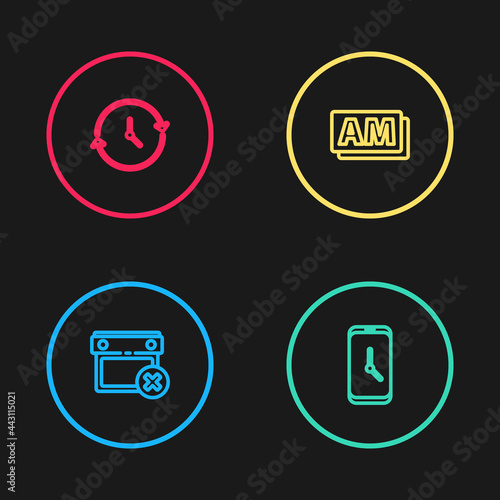 Set line Calendar date delete, Alarm clock app mobile, Clock AM and icon. Vector