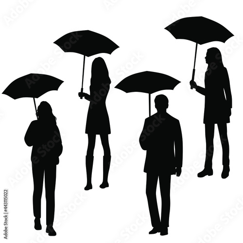 Vector silhouettes of man and women with umbrellas, rain protection, a group of standing business people, black, isolated on a white background