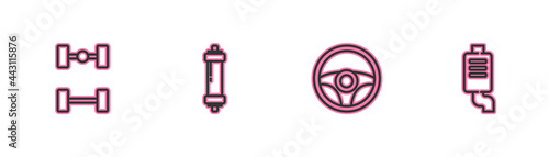 Set line Chassis car, Steering wheel, Shock absorber and Car muffler icon. Vector