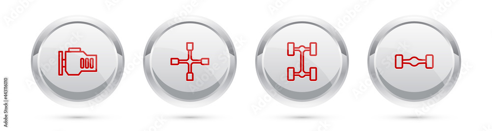 Set line Check engine, Wheel wrench, Chassis car and . Silver circle button. Vector