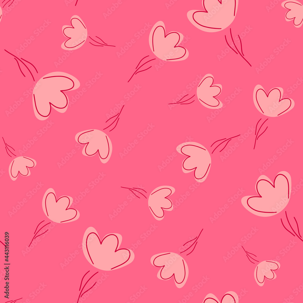 Random seamless pattern in suumer style with doodle outline flowers shapes. Pink bright background.