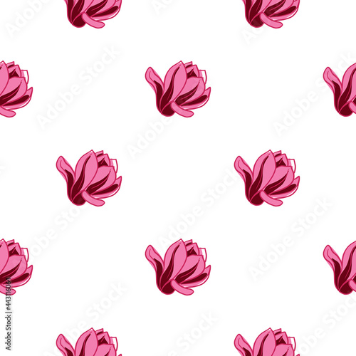 Floral isolated seamless pattern with bright pink magnolia flowers ornament. White background.