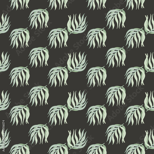 Little pale blue palm leaves shapes seamless pattern in hand drawn style. Dark background. Contrast print.