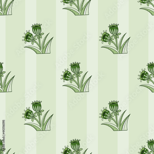 Green pastel colors seamless pattern with hand drawn bluebell ornament. Striped background.